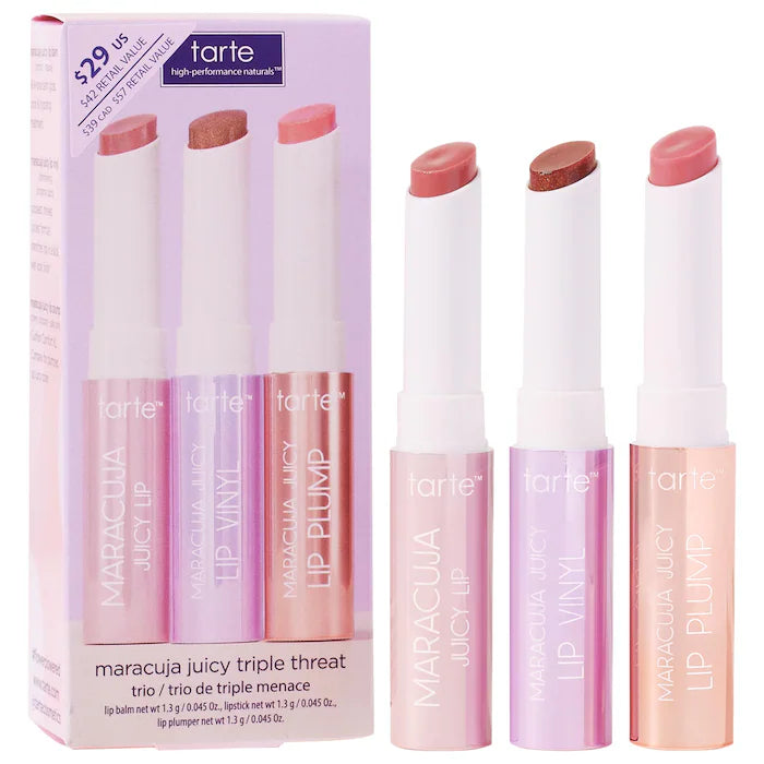 tarte 
mini maracuja juicy lip plump gloss & balm triple threat trio